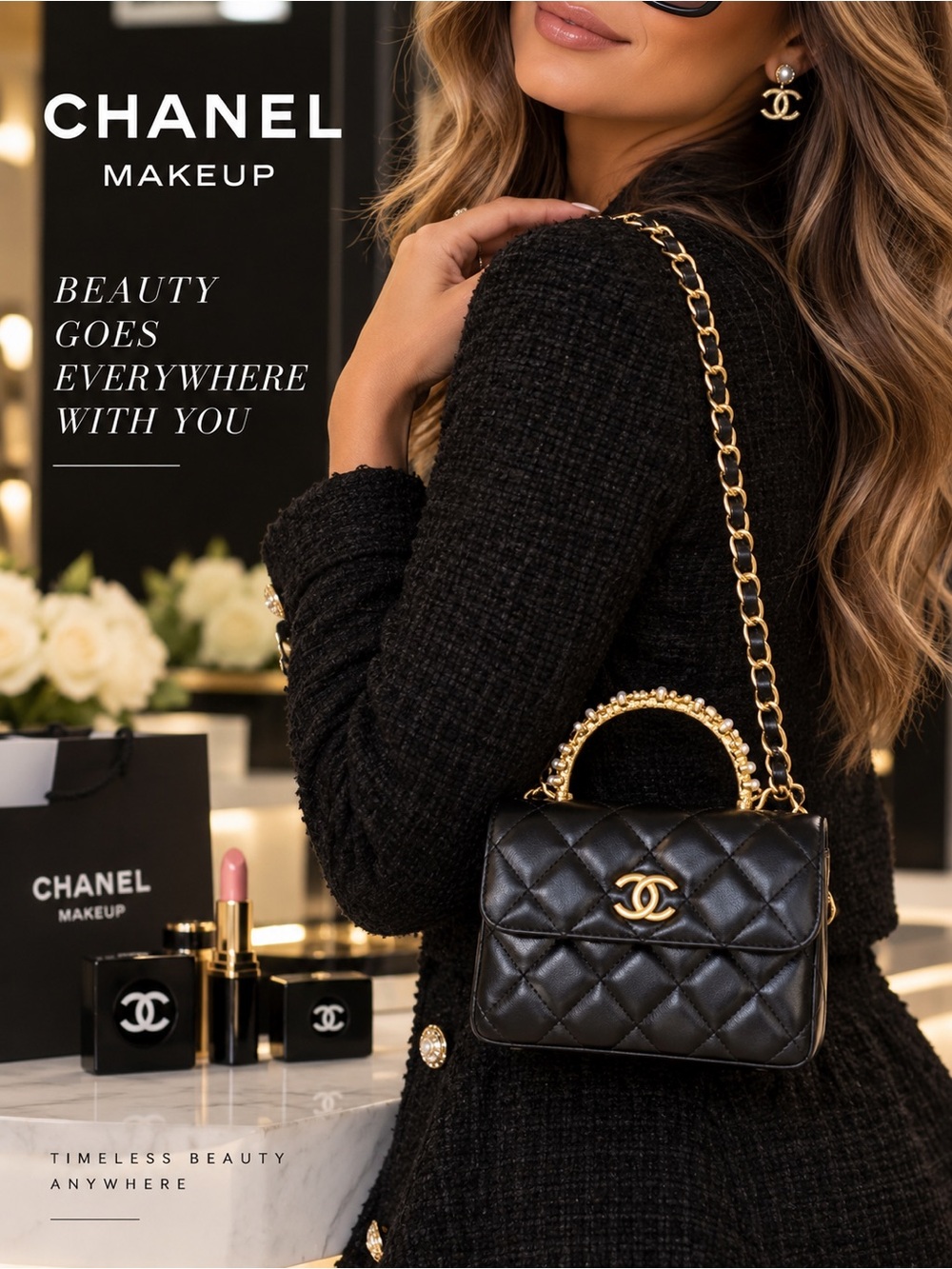 CHANEL MAKEUP Black Quilted Mini Top-Handle Bag with Gold Chain